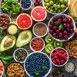 Display of vitamin-rich fruits, vegetables, and nuts