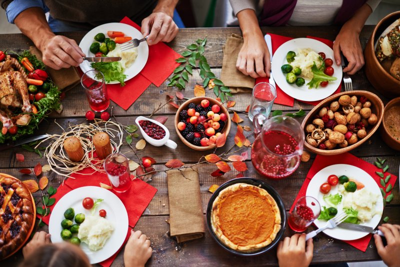 Aerial shot of friends enjoying holiday feast