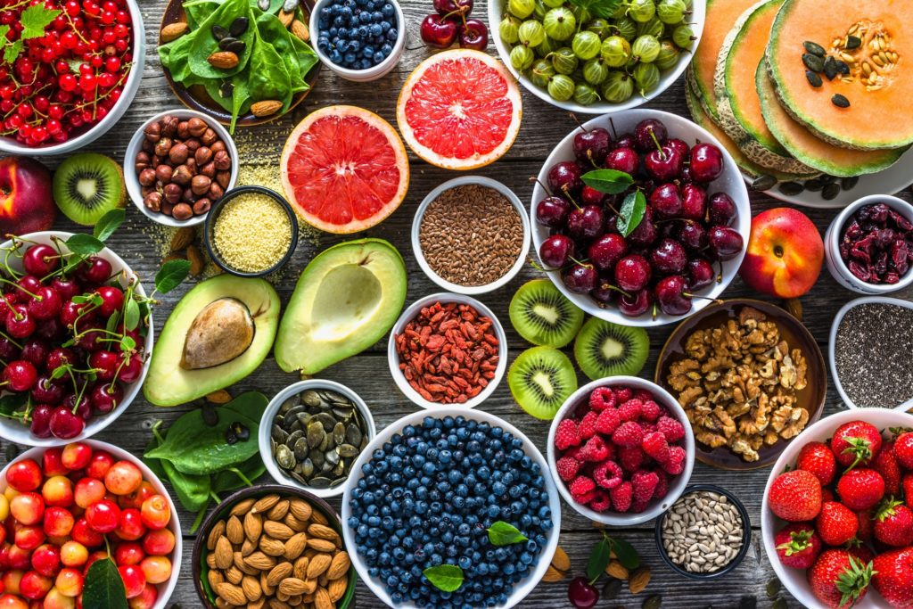 Display of vitamin-rich foods on table